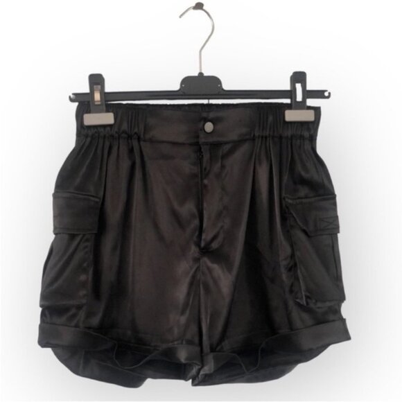 NWOT Black Satin Cuffed Cargo Shorts - Picture 2 of 8